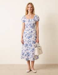 Off The Shoulder Puff Sleeve Shirred Print Dress
