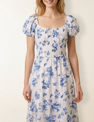 Off The Shoulder Puff Sleeve Shirred Print Dress