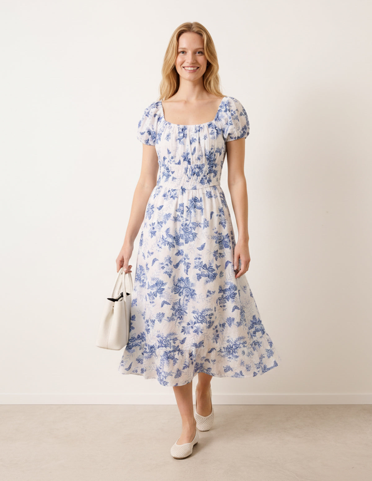 Off The Shoulder Puff Sleeve Shirred Print Dress
