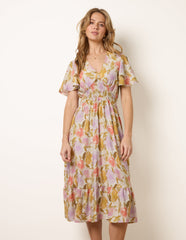 Floral Print Angel Sleeve Midi Dress