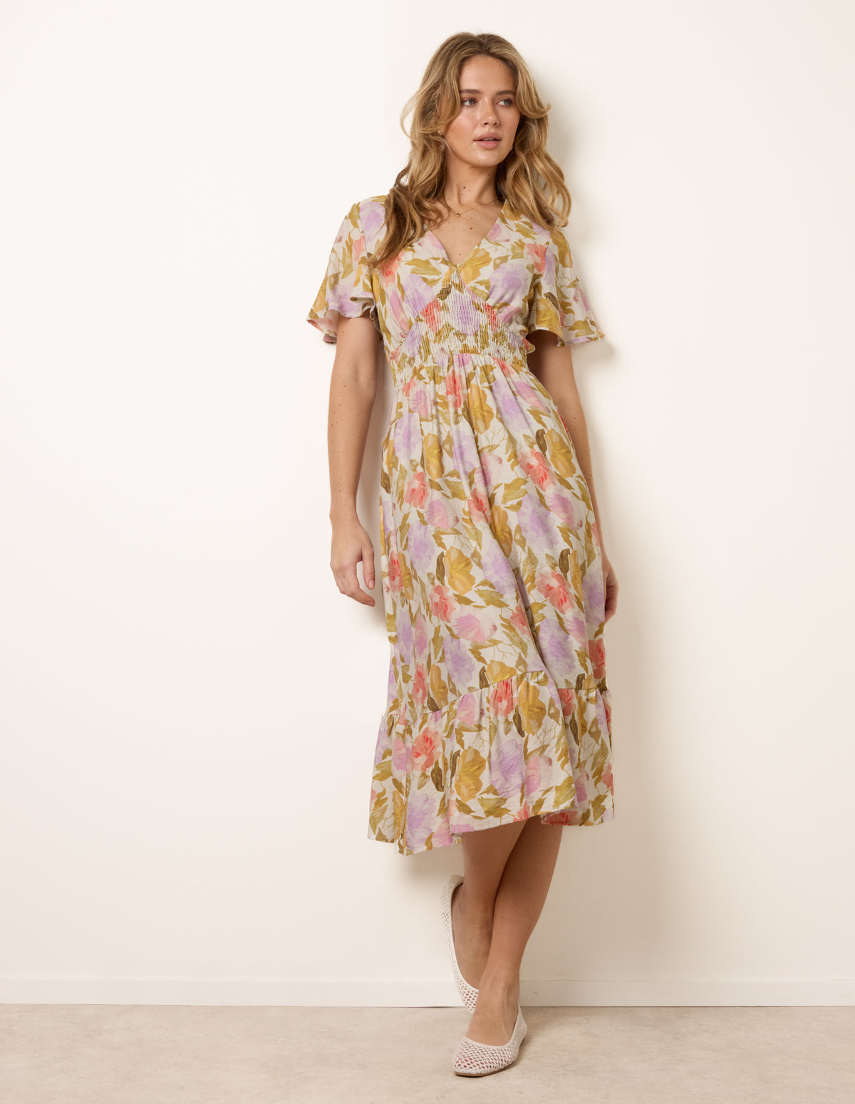 Floral Print Angel Sleeve Midi Dress