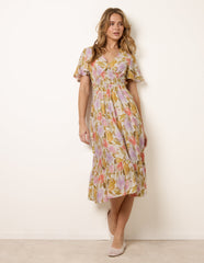 Floral Print Angel Sleeve Midi Dress