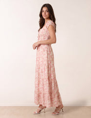 Double Front Tie Shirred Ditsy Floral Maxi Dress