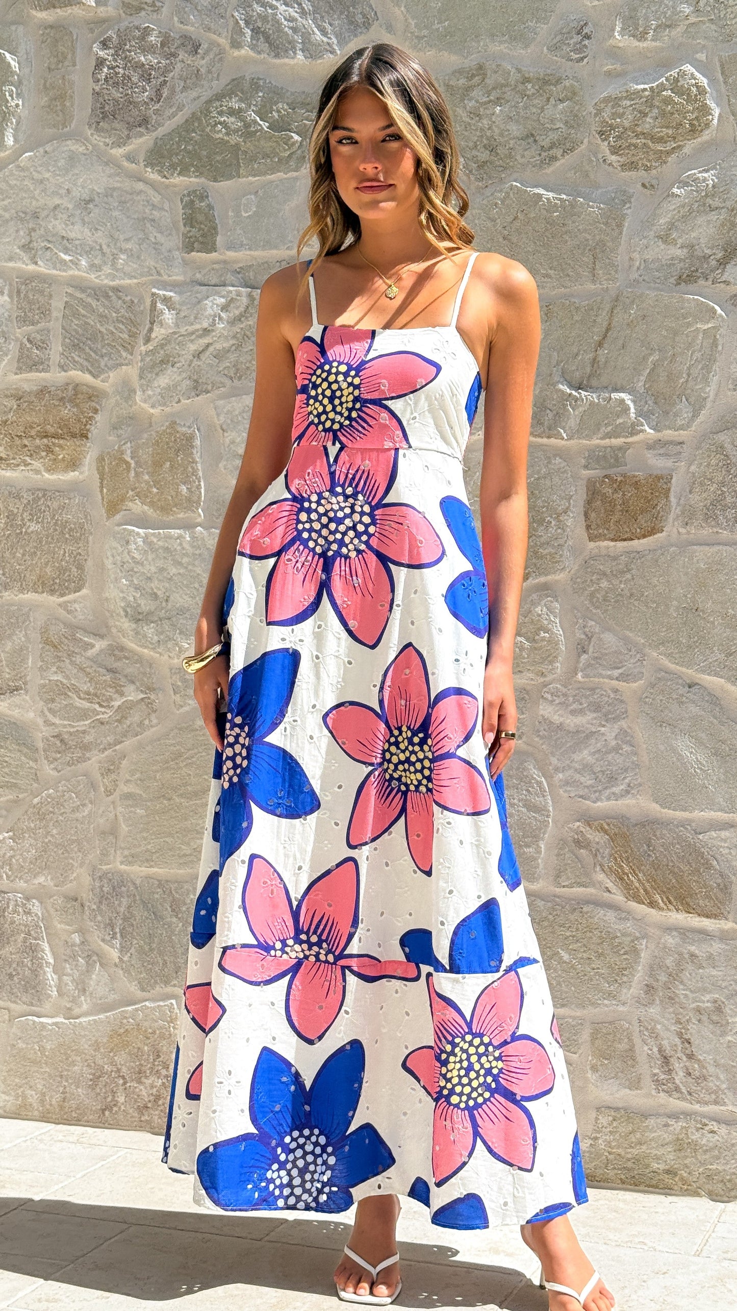 Norah Eyelet Maxi Dress - Botanic Blue/Pink Print