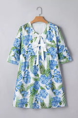 Palm Floral Print Contrast Ribbon Knot Ruffle Tiered Sleeve Mini Dress