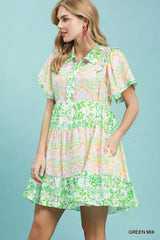 Umgee Mixed Floral Tiered Mini Dress with Flutter Sleeves