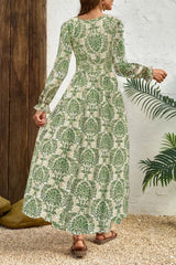 Printed V-Neck Long Sleeve Maxi Dress