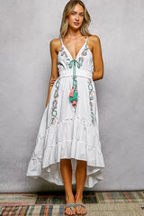POL Embroidered Detail Tassel Tie Smocked Waist Midi Tiered Cami Dress