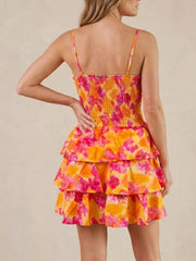 Cutout Floral Print Ruffle Layered Mini Dress