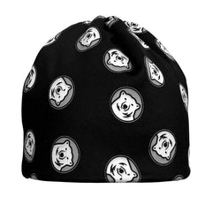 Black beanie with all-over polar bear medallion print on a white background