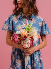 Floral Print Denim Button-Down Tiered Mini Dress
