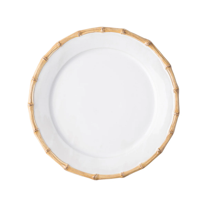 The Juliska Bamboo Dinnerware cake plate features white ceramic with a light brown, bamboo-style textured rim, displayed from above on a plain white background.