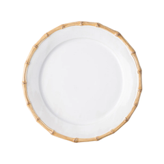 The Juliska Bamboo Dinnerware cake plate features white ceramic with a light brown, bamboo-style textured rim, displayed from above on a plain white background.