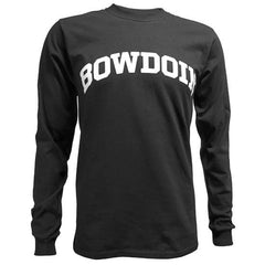 Black long-sleeved T-shirt with arched BOWDOIN imprint on the chest in white.