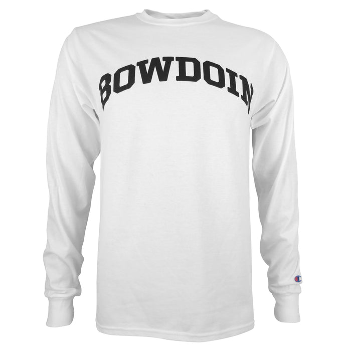 White long-sleeved T-shirt with black imprint on chest of BOWDOIN arched.
