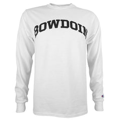 White long-sleeved T-shirt with black imprint on chest of BOWDOIN arched.