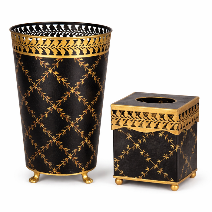 Black Pierced Gold Leaf Tissue Holder or Wastepaper Basket by The Enchanted Home