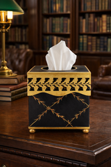 Black Pierced Gold Leaf Tissue Holder or Wastepaper Basket by The Enchanted Home