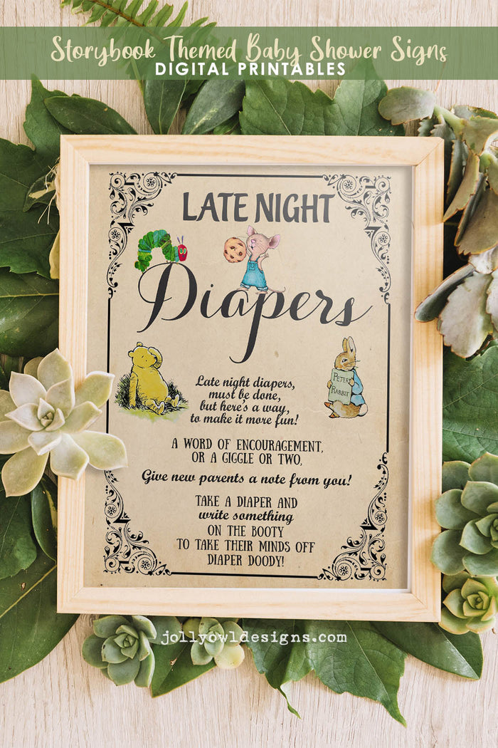 Book Themed Baby Shower - Late Night Diaper Sign - Jolly Owl Designs