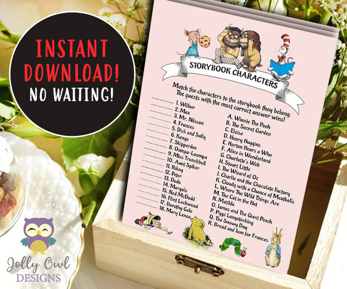 Book Themed Baby Shower Game - Character Match
