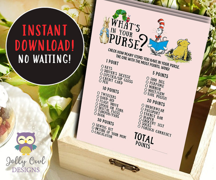 Book Themed Baby Shower Game - What's In Your Purse