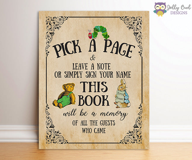 Book Themed Baby Shower Party Sign - Pick A Page