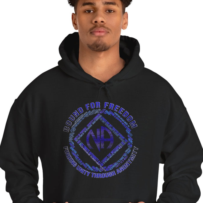 Person wearing a black hoodie with a blue logo on a white background