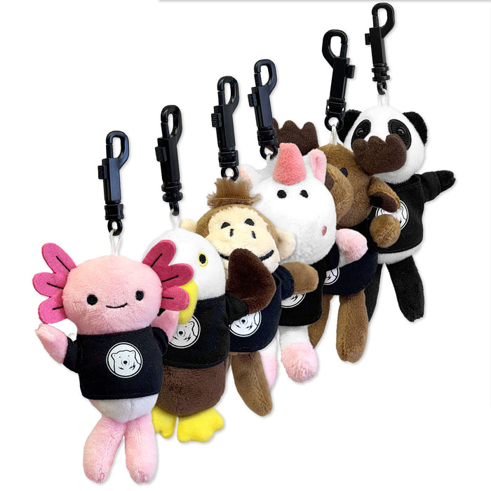 Set of plush keychains with animal designs on a white background