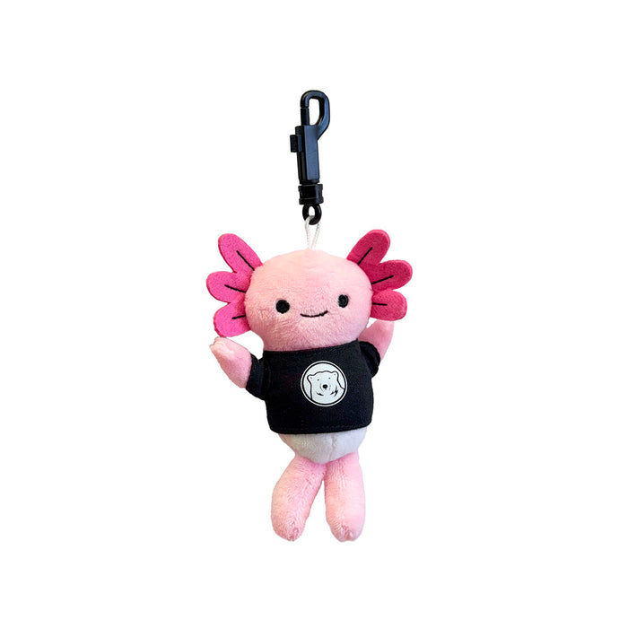 Plush axolotl keychain with a black shirt on a white background