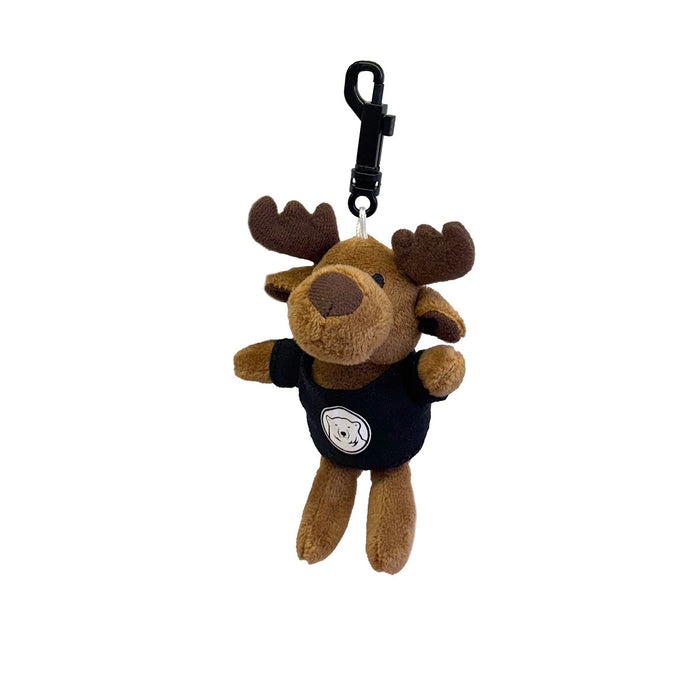 Plush moose keychain with a black tag on a white background