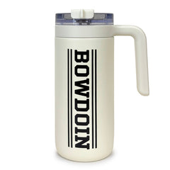 An off-white insulated travel mug with a handle, a clear lid, and the word 'BOWDOIN' printed vertically in black between four stripes on the front, set against a plain white background.