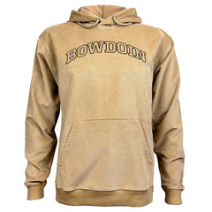 Khaki corduroy hood with front pouch pocket and arched black outline BOWDOIN embroidery on chest.