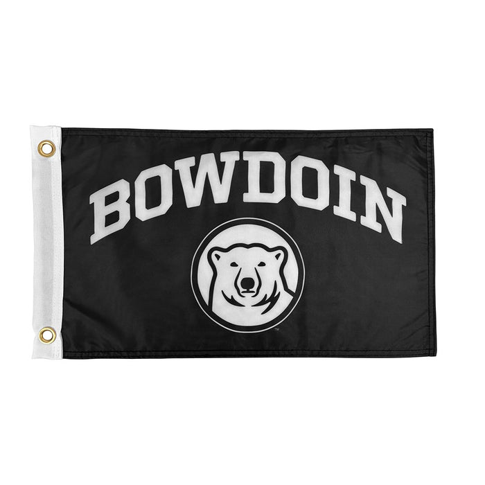 Black flag with white BOWDOIN and polar bear logo.