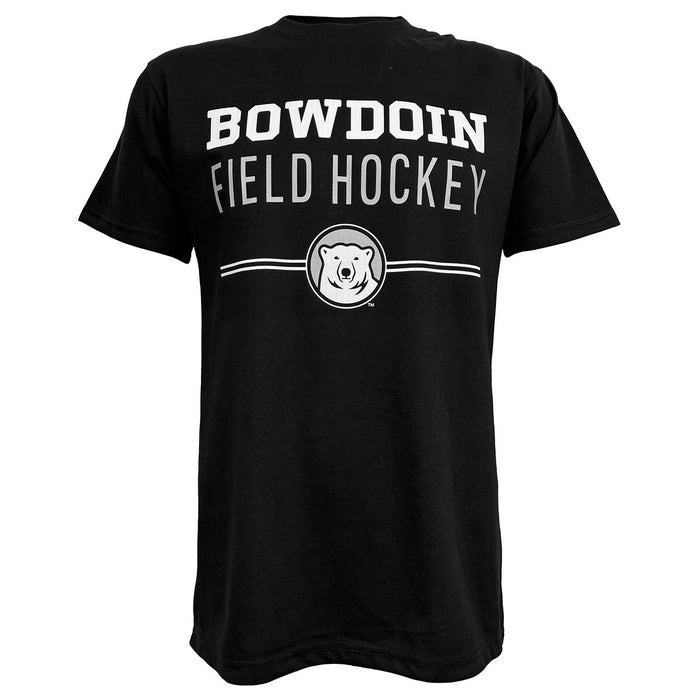 Black short-sleeved tee with imprint of Bowdoin in white athletic logotype over FIELD HOCKEY in grey sans-serif type over two white lines interrupted by polar bear mascot medallion.