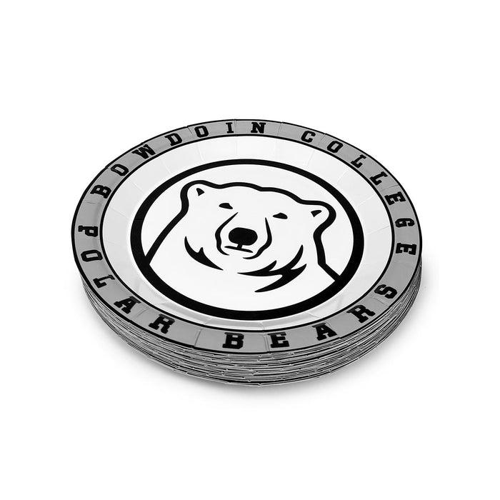 Stack of paper plates with a bear logo and 'Bowdoin College Polar Bears' text on a white background