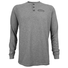 Oxford heather henley with 3 buttons at neck and left chest imprint of BOWDOIN arched over POLAR BEARS in black with white outline.