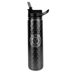 Dark grey water bottle with a textured surface and Bowdoin College seal on a white background