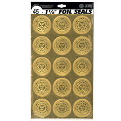 Package of gold foil seals embossed with Bowdoin College sun seal.