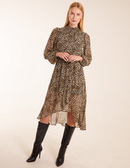 Leopard Print High Neck Wrap Frill Hem Midi Dress