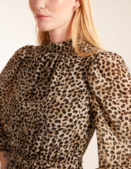 Leopard Print High Neck Wrap Frill Hem Midi Dress