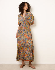 Gathered Sleeve V-Neck Maxi Dress