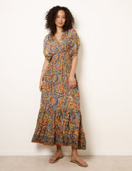 Gathered Sleeve V-Neck Maxi Dress