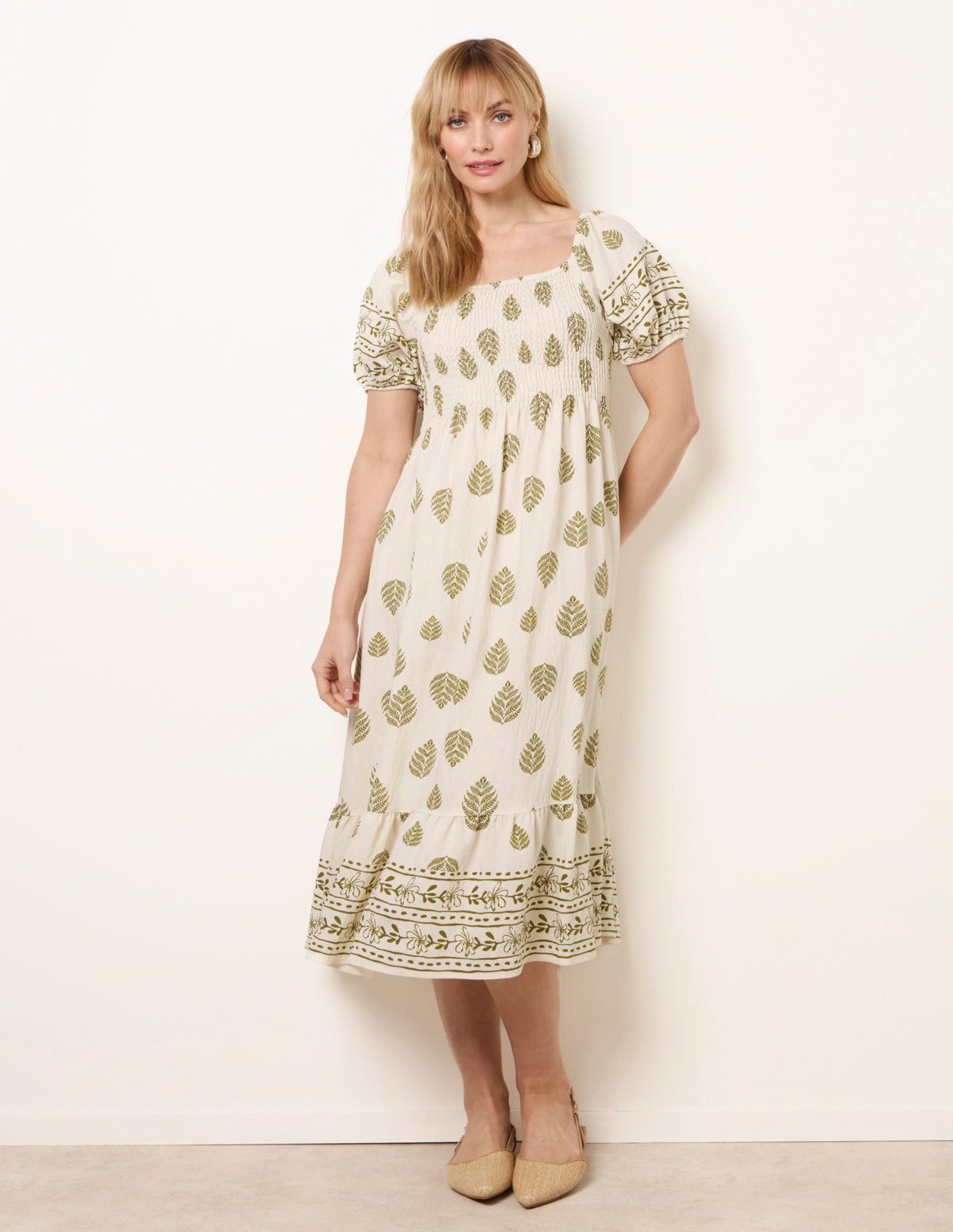 Square Neck Puff Sleeve Shirred Border Midi Dress