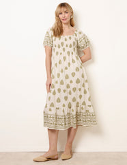 Square Neck Puff Sleeve Shirred Border Midi Dress