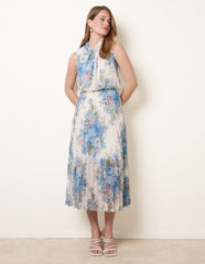 Printed Sleeveless Cowl Neck Pleated Dress