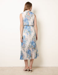 Printed Sleeveless Cowl Neck Pleated Dress