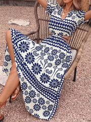 Floral Print Cutout Waist Maxi Dress