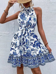 Printed Sleeveless Tie Waist Dress