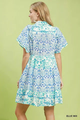Umgee Mixed Floral Tiered Mini Dress with Flutter Sleeves