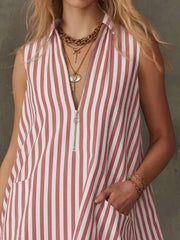 Striped Zipper Neck Ruffle Hem Dress